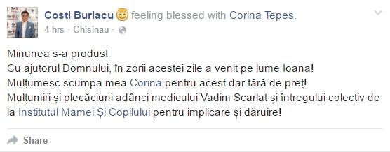Corina Țepeș a născut o fetiță