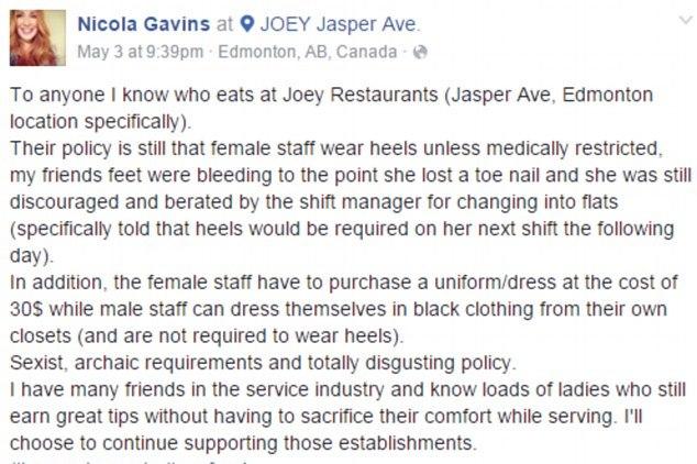 Соцсети встали на защиту пострадавшей от приказа ходить на каблуках официантки