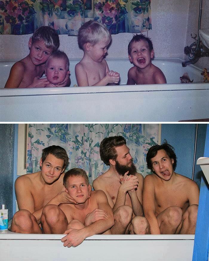 Frați care și-au recreat fotografiile din copilărie