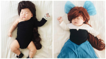 Мама наряжает спящую дочку в смешные костюмы