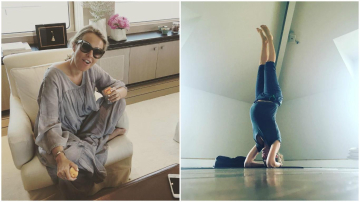 Xenia Sobchak nu renunță la sport nici în luna a noua de sarcină! Jurnalista s-a fotografiat în timp ce stă cu capul în jos, la yoga