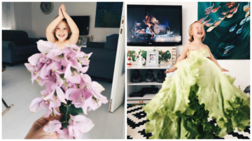 Poze surprinzătoare! O mamă își fotografiază fiica în ”rochii” din flori, fructe și legume