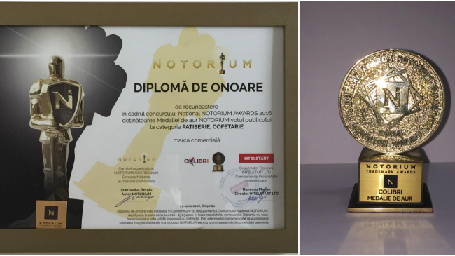 Compania Colibri a obţinut medalia de aur NOTORIUM 2016 printre mărcile comerciale recunoscute de public!