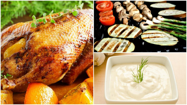 Rață la cuptor cu legume la grill și sos pe bază de iaurt